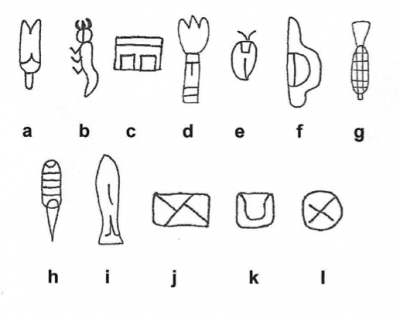 Figure 3: A selection of signs from the signary of the Cascajal Block: (a) maize sprout (Sign #1), (b) insectiform (Sign #4), (c) throne (Sign #11), (d) torch (Sign #12), (e) vegetal design (Sign #15), (f) knuckle-duster (Sign #16), (g) corn (Sign #17), (h) perforator (Sign #20), (i) fish (Sign #21), (j) mat (Sign #22), (k) U-shaped sign (Sign #23), and (l) crossed-band (Sign #26) (image copyright: Arnaud F. Lambert).